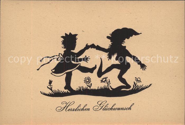 Scherenschnitt Schattenbildkarte Zwerg Kind Tanz Glueckwunsch