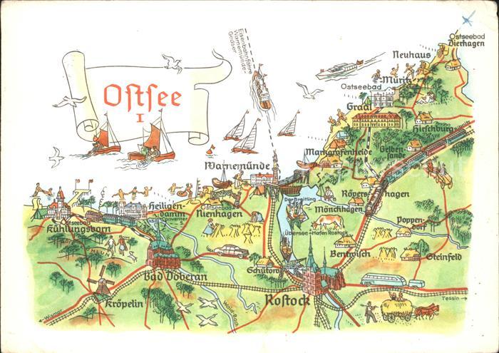 Landkarte auf Ak Ostsee Rostock Warnemuende Kroepelin Nienhagen
