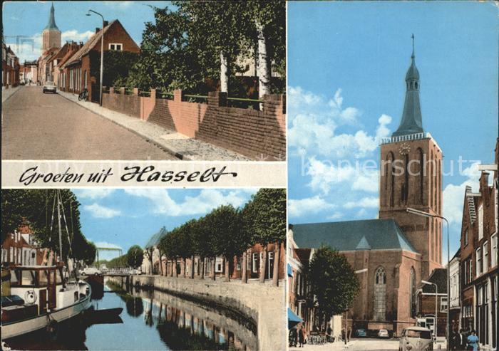 Hasselt Overijssel Strassenpartie Kirche Kanal Boot