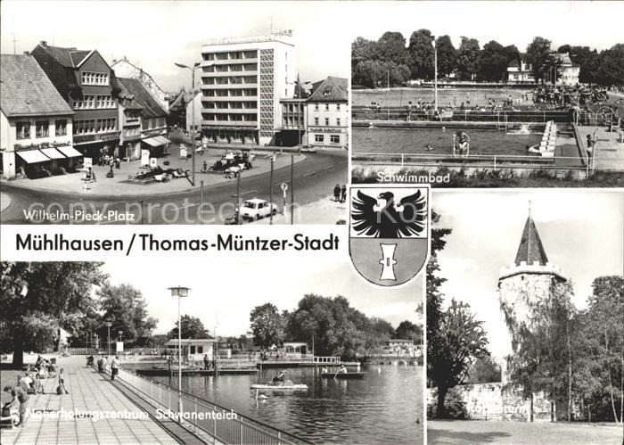 Muehlhausen Thueringen Wilhelm Pieck Platz Schwimmbad Schwanenteich Turm