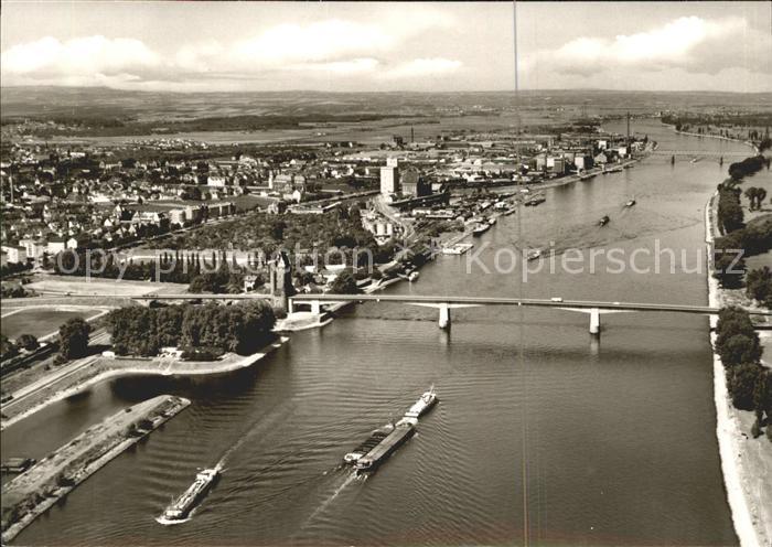 Worms Rhein Bruecke Frachtkahn Binnenschifffahrt Fliegeraufnahme