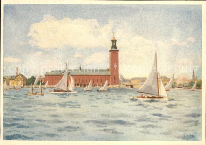 Stockholm Stadthaus Segelboot Kuenstlerkarte Stig Soedersten