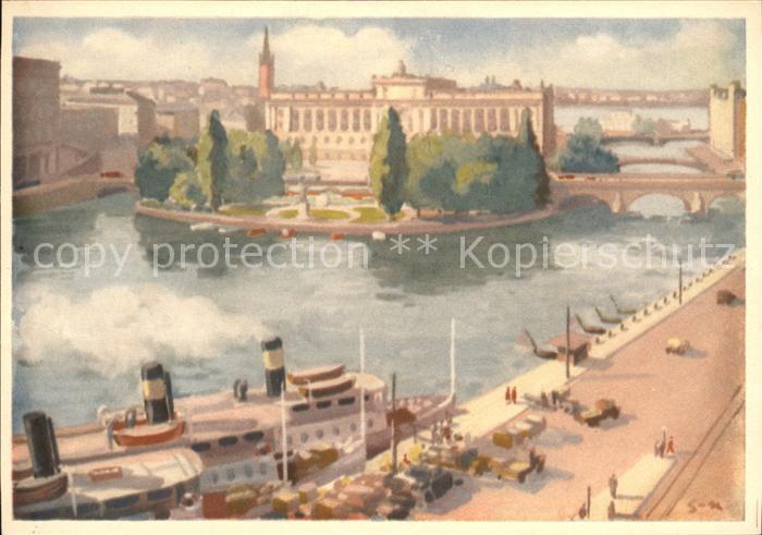Stockholm Reichstagsgebaeude Riksdagshuset Dampfer Kuenstlerkarte Stig Soederste