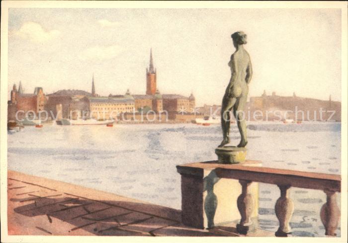Stockholm Aussicht vom Stadthausgarten akvarell Stig Soedersten