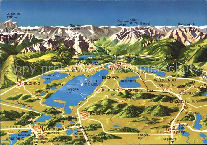 Allgaeu Region Panoramakarte Schloesser Berge Seen