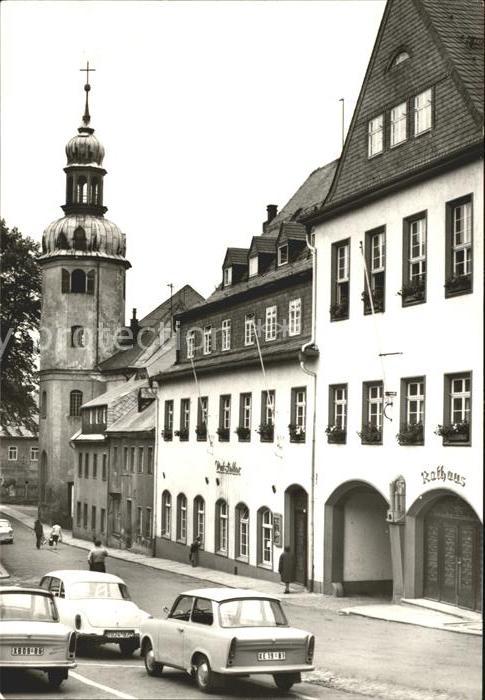 Wolkenstein Erzgebirge Marktplatz mit Ratskeller St. Bartholomaeus-Kirche