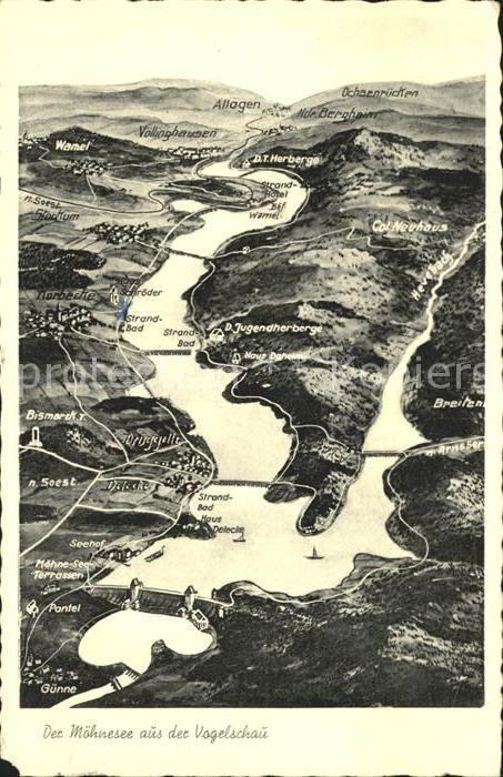 Moehnesee Panoramakarte Voellinghausen Ochsenruecken Strandbadhaus Delecke