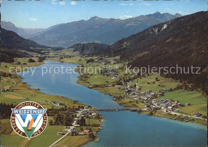 Weissensee Kaernten Hoechster Badesee der Alpen Fliegeraufnahme