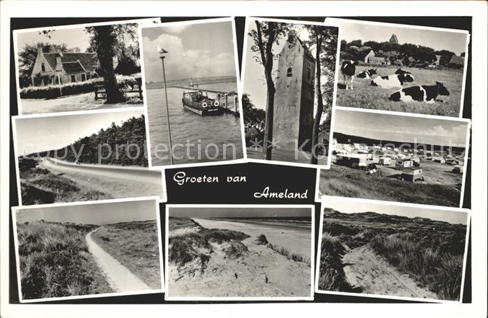 Ameland Strassenpartie Fischerboot Kirchturm Weide Caravaning Strandpartien