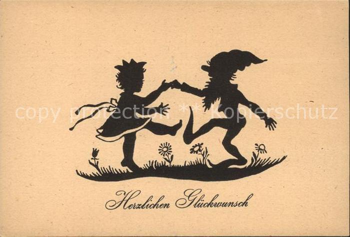 Zwerge Dwarfs Nains Kind Tanz Glueckwunsch Schattenbildkarte