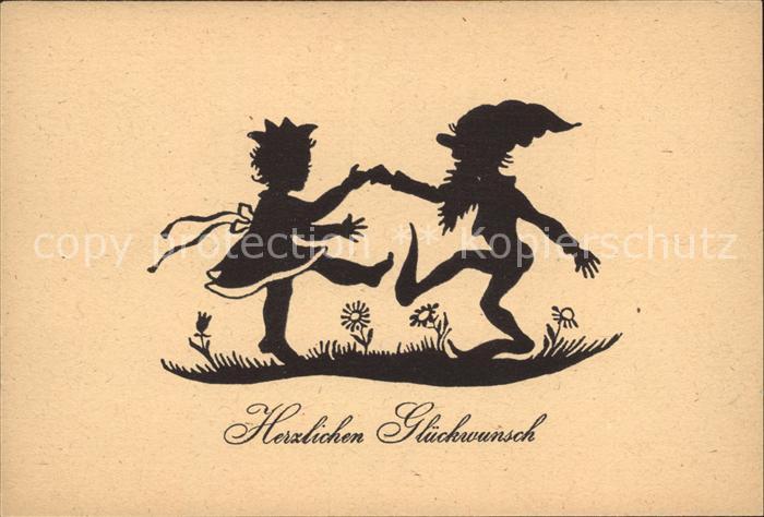 Scherenschnitt Schattenbildkarte Zwerg Kind Tanz Glueckwunsch