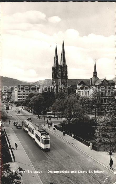 Strassenbahn Freiburg im Breisgau Dreisambruecke Kirche St. Johann