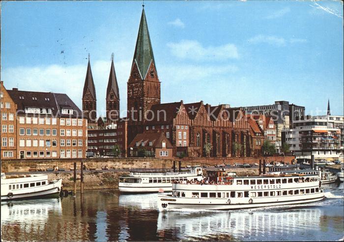 BREMEN  CITY Partie an der Weser Martinikirche Dom Tuerme Ausflugsdampfer
