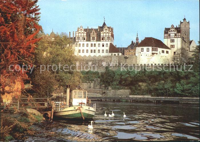 Bernburg Saale Schloss Uferpartie am Fluss Boot Schwaene