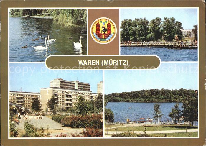 Waren Mueritz Park an der Mueritz Schwan Freibad Neubaugebiet Wappen