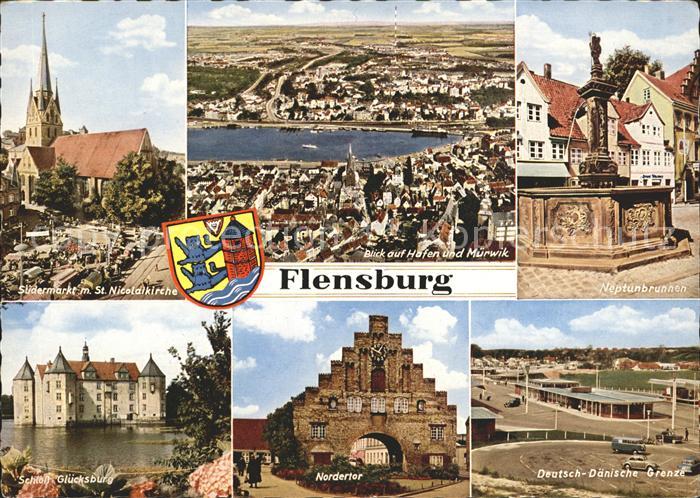 Flensburg Suedermarkt St Nicolaikirche Hafen Muerwik Neptunbrunnen Schloss Gluec