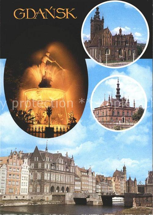 Gdansk Fontana Neptuna Kosciol Sw Katarzyny Ratusz Staromiejski Nad Motlawa Bram