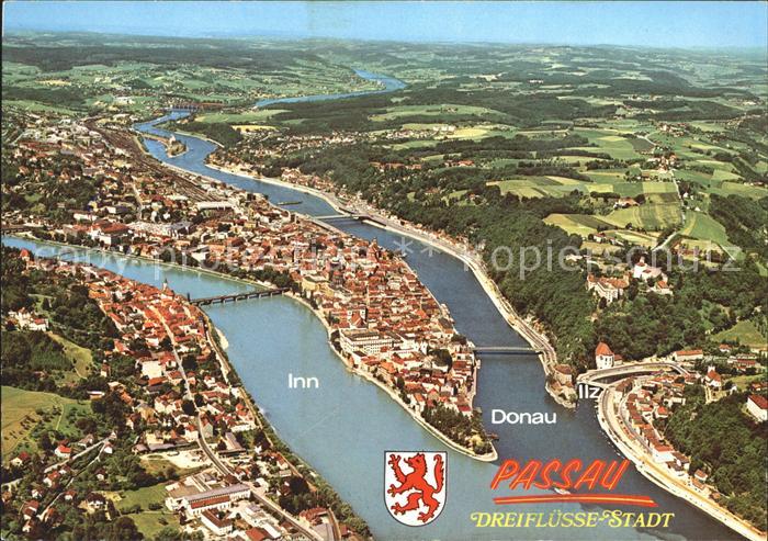PAssAU Bayern Zusammenfluss von Donau Inn und Ilz Fliegeraufnahme