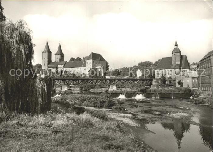 Rochlitz Sachsen Schloss mit Bahnbruecke Petrikirche und Schlossmuehle