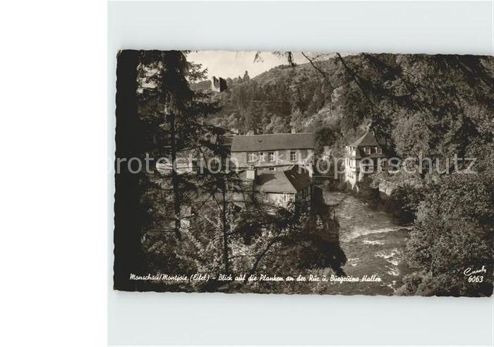 Monschau Montjoie NRW Blick auf die Planken an der Rur und Burgruine Haller