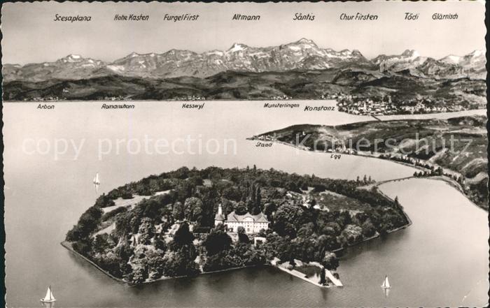 Insel Mainau mit Alpenpanorama Fliegeraufnahme