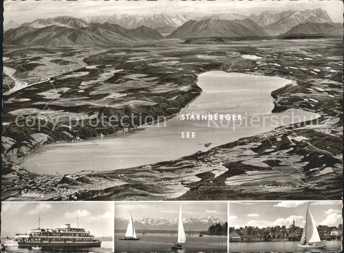 Starnbergersee und Umgebung aus der Vogelschau Alpenpanorama Faehre Segelboot