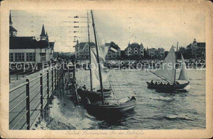 Swinemuende Ostseebad Westpommern Partie an der Seebruecke Segelboot Seebad