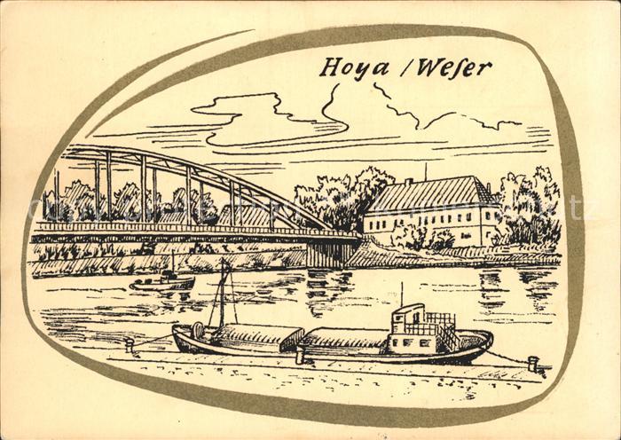 Hoya Weser Bruecke Frachtkahn Zeichnung Kuenstlerkarte