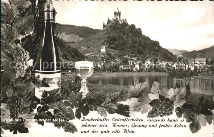 Cochem Mosel Weinort mit Burg Weinflasche Glas Weinrebe Trinkspruch