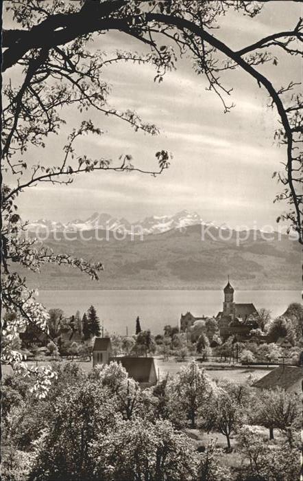 Wasserburg Bodensee Ortsansicht mit Kirche Saentis Appenzeller Alpen