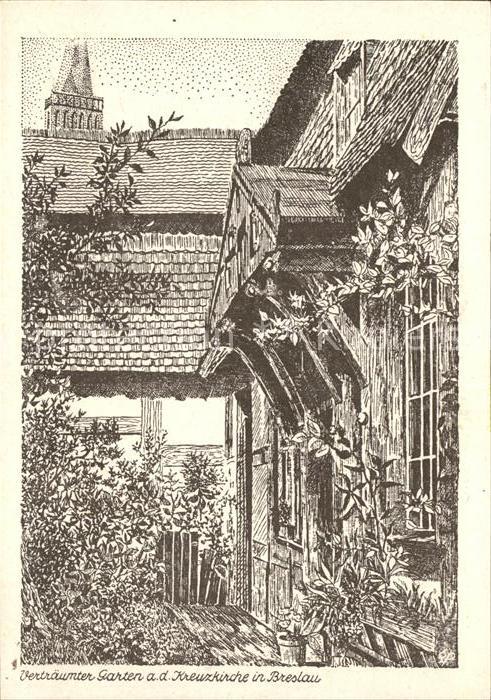 Breslau Niederschlesien Garten an der Kreuzkirche Kuenstlerkarte