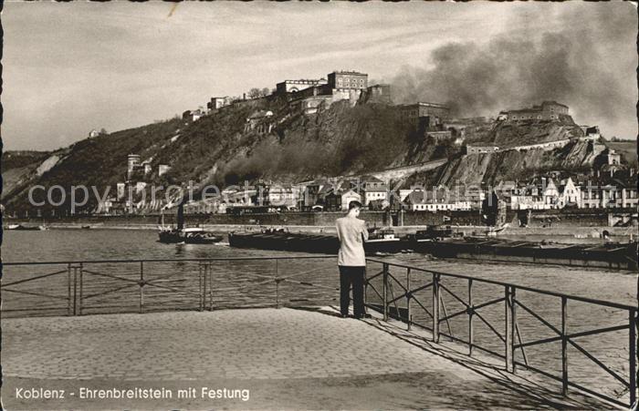 Koblenz Rhein Ehrenbreitstein mit Festung Frachtkahn Binnenschifffahrt