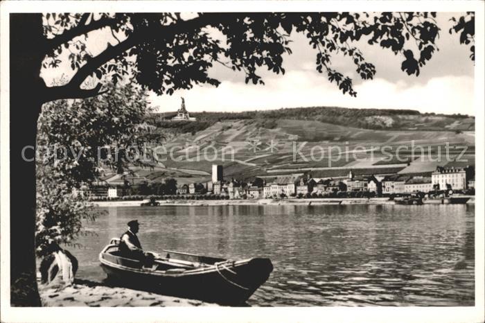 Ruedesheim Rhein Uferpartie am Rhein Boot Niederwalddenkmal