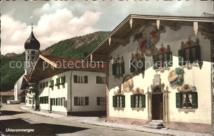 Unterammergau Dorfstrasse mit Schulmeisterhaus Fassadenfresken J. Zwink 18. Jhdt