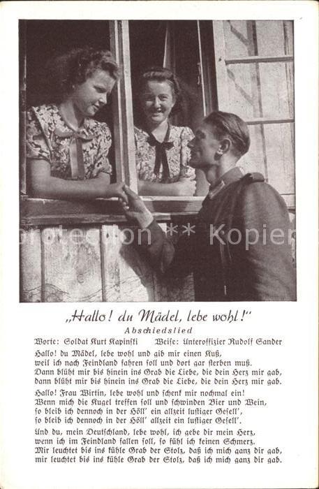 Liederkarte Militaria Hallo du Maedel lebe wohl