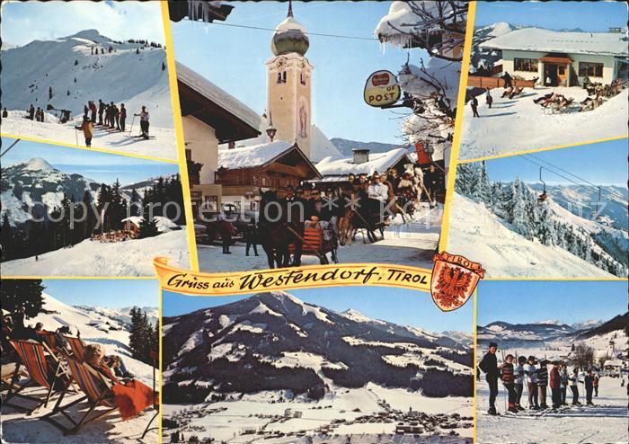 Westendorf Tirol Skipiste Dorfpartie mit Pferdeschlitten Sessellift Panorama Ski