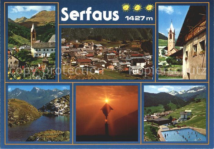 Serfaus Tirol Kirche Totalansicht See Wegekreuz Schwimmbad