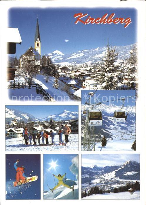 Kirchberg Tirol Ortsblick mit Kirche Skischule Kabinenbahn Snowborder Panorama