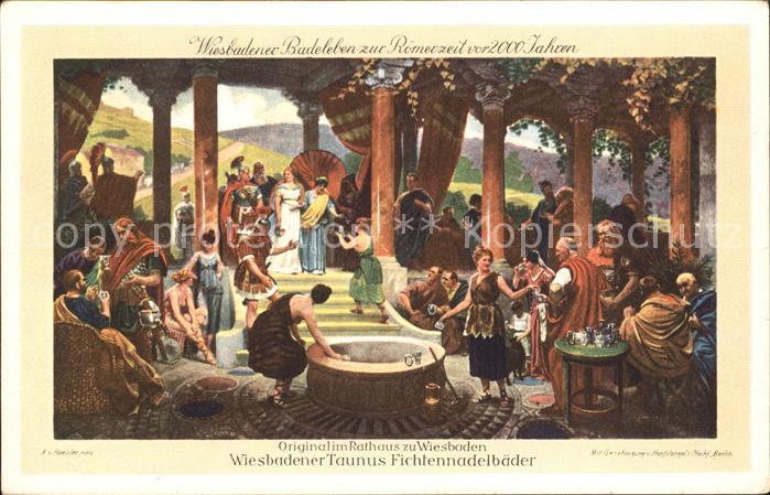 Wiesbaden Badeleben Roemerzeit Fichtelnadelbaeder Gemaelde Rathaus