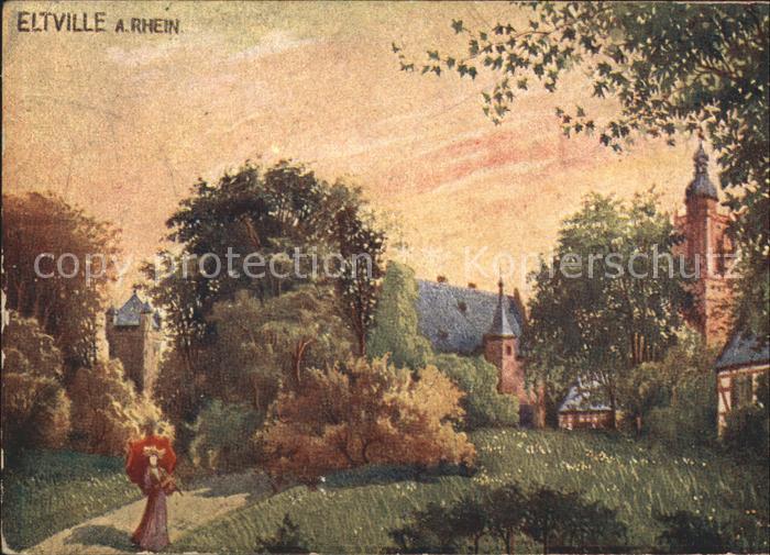 Eltville Rhein mit Kirchturm Kuenstlerkarte