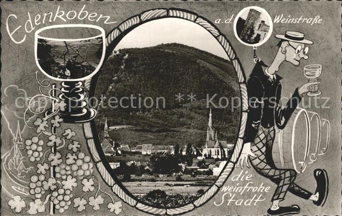 Edenkoben Ortsansicht mit Kirche Weinstadt Fass Weinglas Karikatur Bromsilber