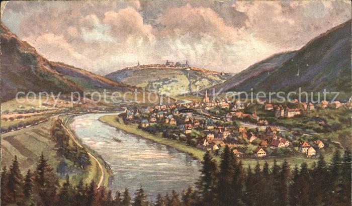 Neckargemuend Fliegeraufnahme mit Dilsber und Neckar Kuenstlerkarte