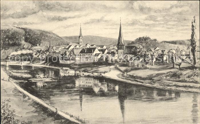 Neckargemuend Partie am Neckar Kuenstlerkarte