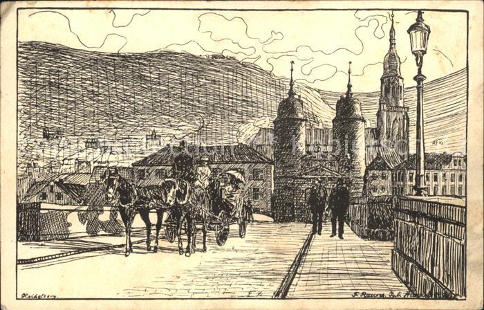 Heidelberg Neckar auf der alten Bruecke Kuenstlerkarte