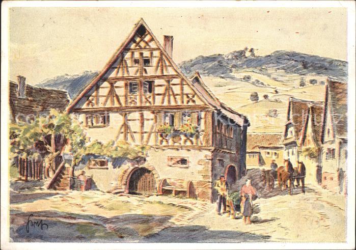 Schweigen-Rechtenbach Dorfmotiv Fachwerkhaus Pferdewagen Aquarell NZ3