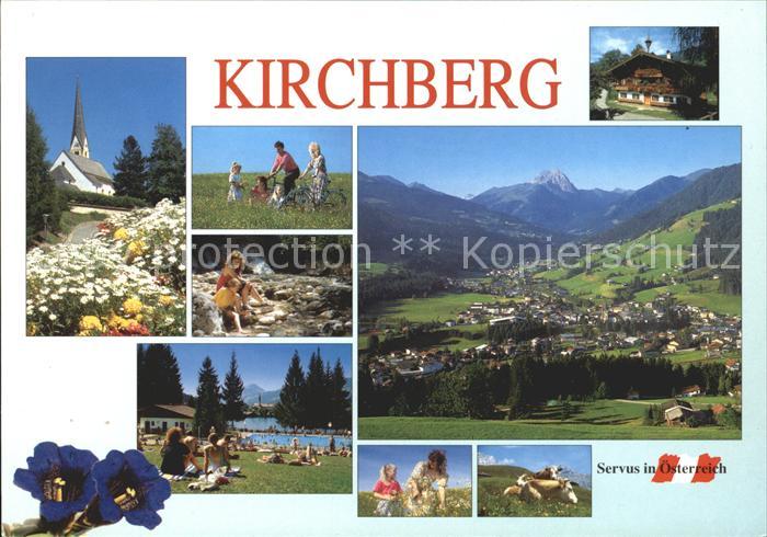Kirchberg Tirol Kirche Radfahrer Schwimmbad Panorama Wanderer Rinder