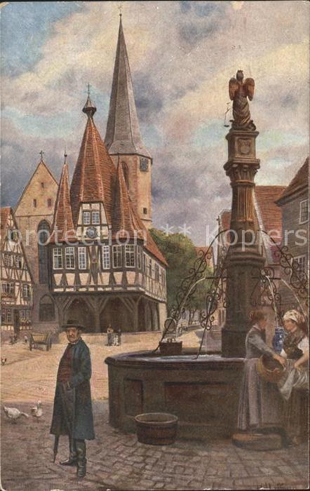 Michelstadt Marktplatz mit Brunnen und Rathaus