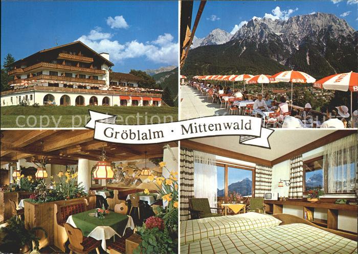 Mittenwald Bayern Berggasthaus und Cafe Groebl Alm Terrasse Gaststube Zimmer