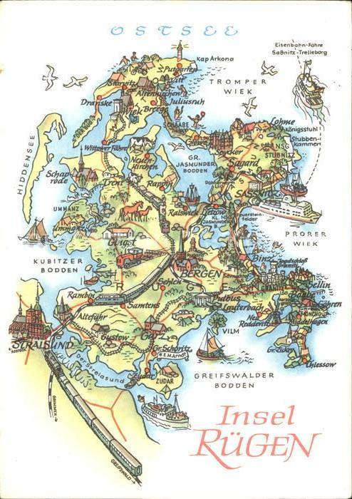 Landkarte auf Ak Insel Ruegen Sassnitz Stralsund Schaabe Ralswiek