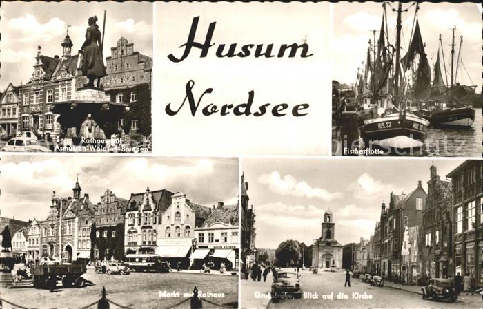 Husum Nordfriesland Rathaus Asmussen Woldsen Brunnen Fischerflotte Kirche Markt